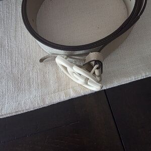 White and Tan Belt with Logo Buckle